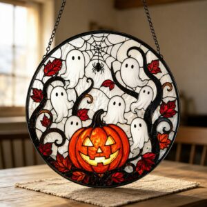 Round Stained Glass Pumpkin Ghost Suncatcher, Halloween Window Decoration, Gothic Fall Decor - Style 1