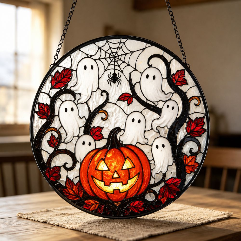 Round Stained Glass Pumpkin Ghost Suncatcher, Halloween Window Decoration, Gothic Fall Decor - Style 1