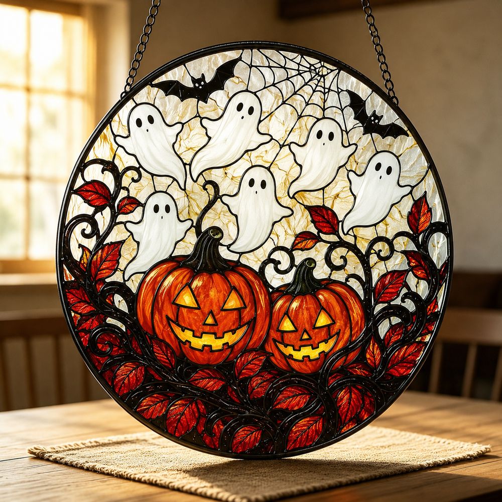 Round Stained Glass Pumpkin Ghost Suncatcher, Halloween Window Decoration, Gothic Fall Decor - Style 10