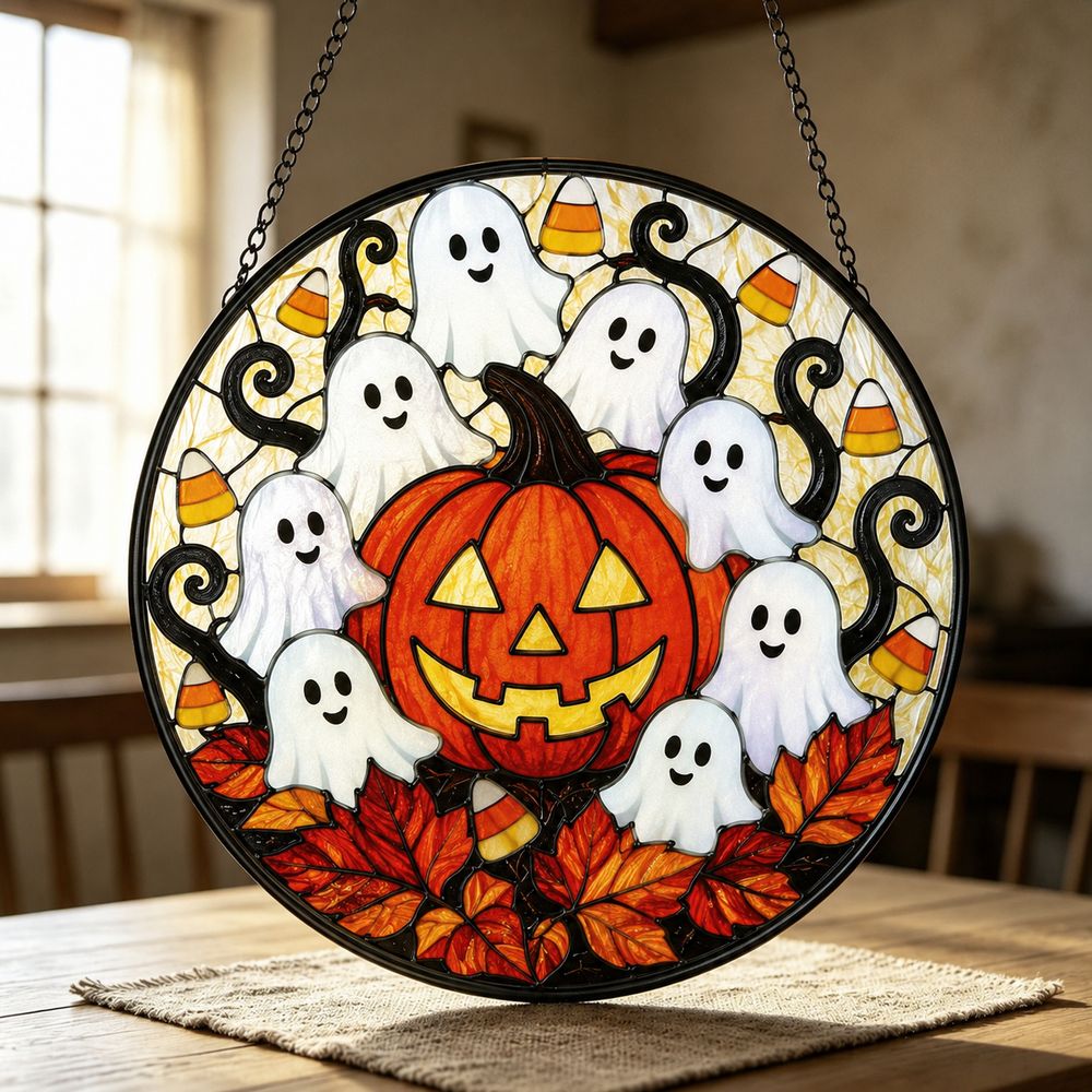 Round Stained Glass Pumpkin Ghost Suncatcher, Halloween Window Decoration, Gothic Fall Decor - Style 3