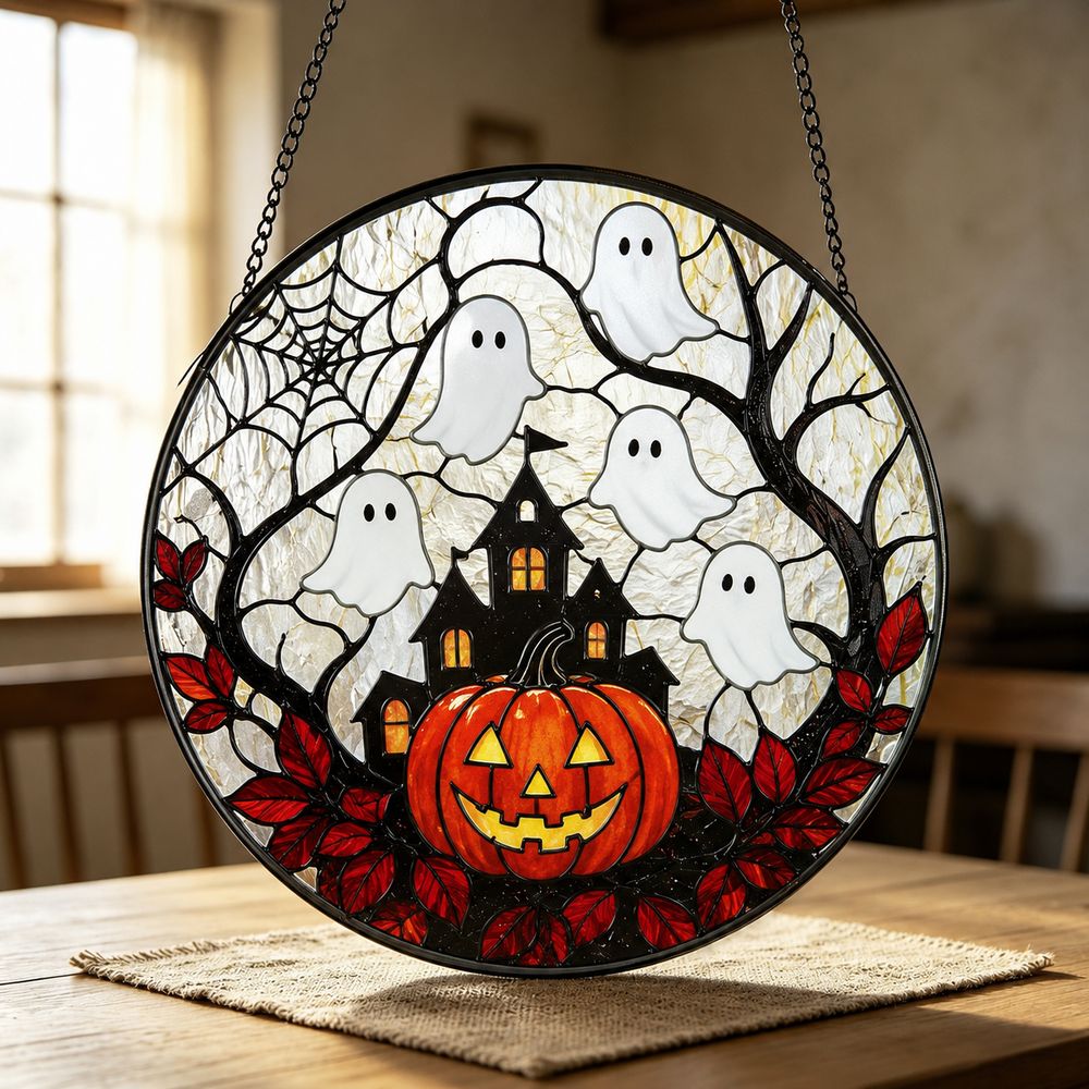 Round Stained Glass Pumpkin Ghost Suncatcher, Halloween Window Decoration, Gothic Fall Decor - Style 4
