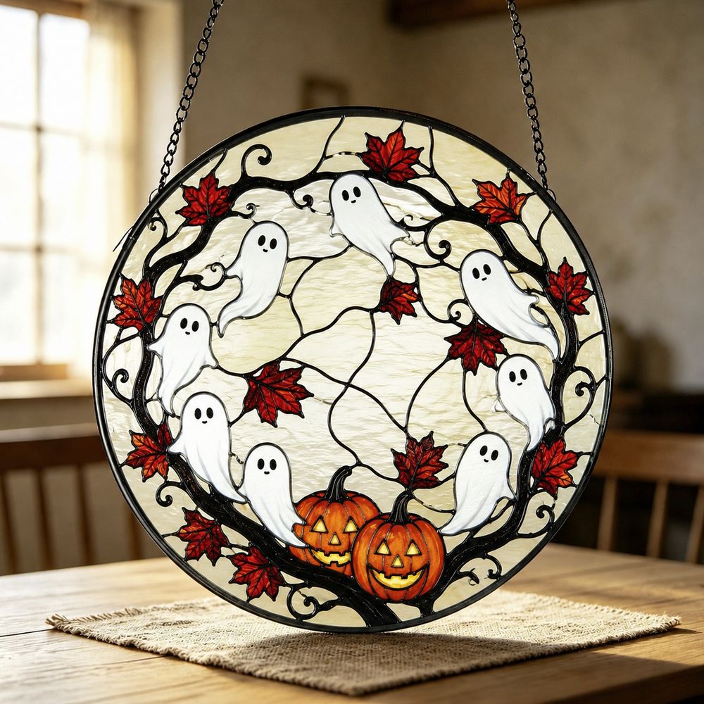 Round Stained Glass Pumpkin Ghost Suncatcher, Halloween Window Decoration, Gothic Fall Decor - Style 5