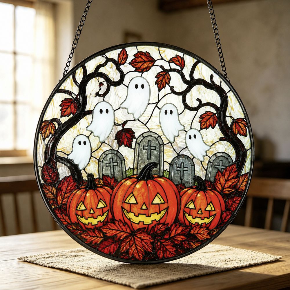 Round Stained Glass Pumpkin Ghost Suncatcher, Halloween Window Decoration, Gothic Fall Decor - Style 6