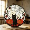 Round Stained Glass Pumpkin Ghost Suncatcher, Halloween Window Decoration, Gothic Fall Decor - Style 7