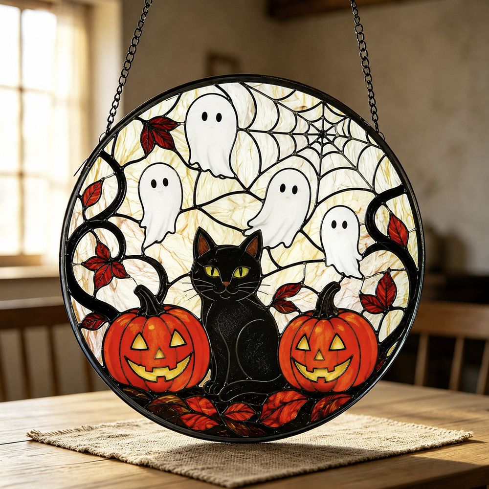 Round Stained Glass Pumpkin Ghost Suncatcher, Halloween Window Decoration, Gothic Fall Decor - Style 7