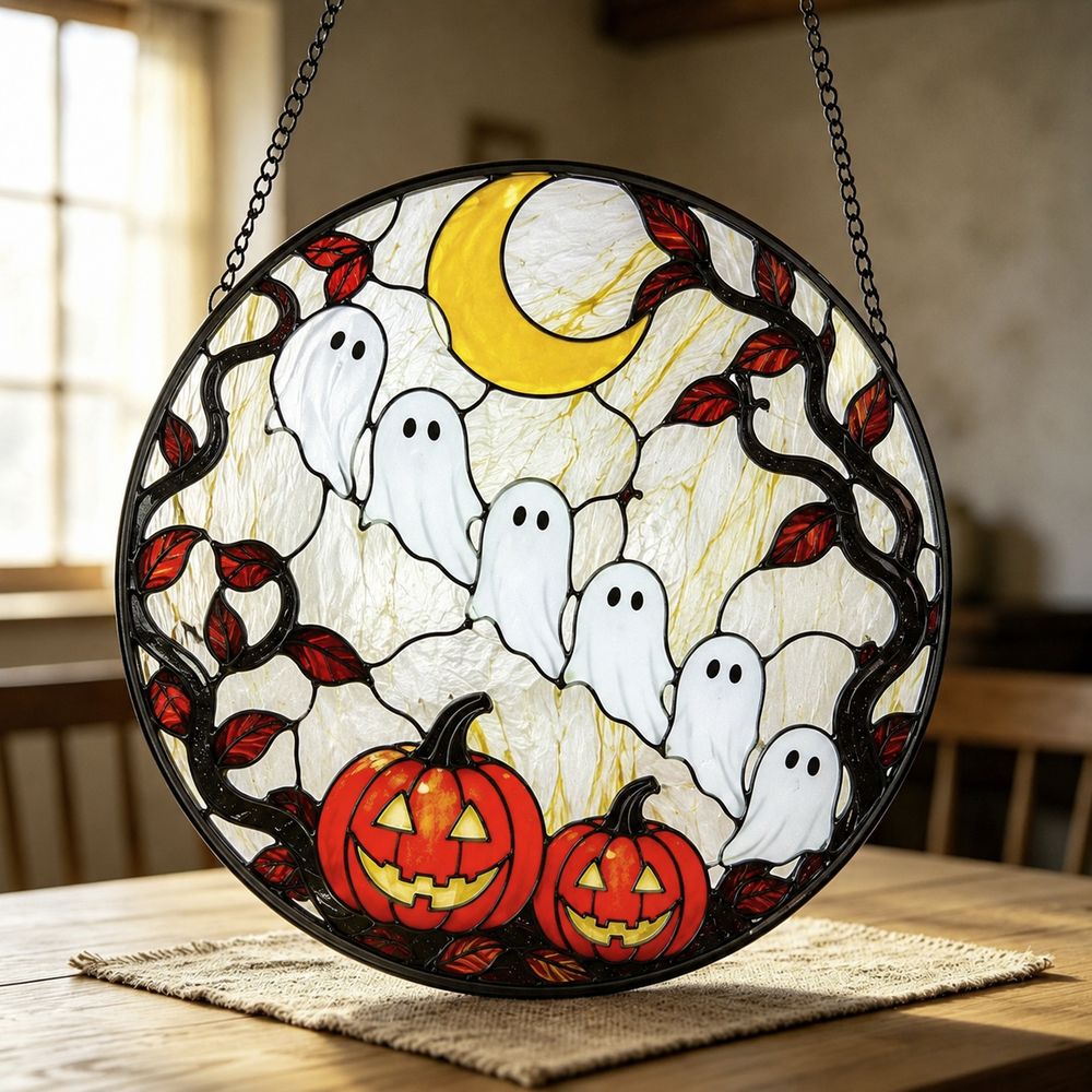 Round Stained Glass Pumpkin Ghost Suncatcher, Halloween Window Decoration, Gothic Fall Decor - Style 8