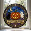 Spooky Nights Stained Glass Suncatcher, Halloween Pumpkin Window Hanging Decor, Black Cat Ghost Ornament, October 31 Autumn Gift For Her - Style 1