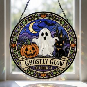 Spooky Nights Stained Glass Suncatcher, Halloween Pumpkin Window Hanging Decor, Black Cat Ghost Ornament, October 31 Autumn Gift For Her - Style 2