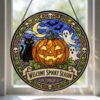 Spooky Nights Stained Glass Suncatcher, Halloween Pumpkin Window Hanging Decor, Black Cat Ghost Ornament, October 31 Autumn Gift For Her - Style 5
