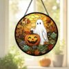 Stained Glass Ghost Pumpkin Window Hanging Decoration, Halloween Spooky Sun Catcher Round Wall Art, Unique Fall Home Decor Gift - Style 1