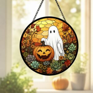 Stained Glass Ghost Pumpkin Window Hanging Decoration, Halloween Spooky Sun Catcher Round Wall Art, Unique Fall Home Decor Gift - Style 1