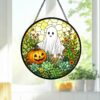 Stained Glass Ghost Pumpkin Window Hanging Decoration, Halloween Spooky Sun Catcher Round Wall Art, Unique Fall Home Decor Gift - Style 10