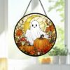 Stained Glass Ghost Pumpkin Window Hanging Decoration, Halloween Spooky Sun Catcher Round Wall Art, Unique Fall Home Decor Gift - Style 2