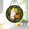 Stained Glass Ghost Pumpkin Window Hanging Decoration, Halloween Spooky Sun Catcher Round Wall Art, Unique Fall Home Decor Gift - Style 3