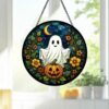 Stained Glass Ghost Pumpkin Window Hanging Decoration, Halloween Spooky Sun Catcher Round Wall Art, Unique Fall Home Decor Gift - Style 4