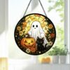 Stained Glass Ghost Pumpkin Window Hanging Decoration, Halloween Spooky Sun Catcher Round Wall Art, Unique Fall Home Decor Gift - Style 5
