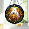 Stained Glass Ghost Pumpkin Window Hanging Decoration, Halloween Spooky Sun Catcher Round Wall Art, Unique Fall Home Decor Gift - Style 7