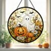 Stained Glass Ghost Pumpkin Window Hanging Decoration, Halloween Spooky Sun Catcher Round Wall Art, Unique Fall Home Decor Gift - Style 8