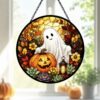 Stained Glass Ghost Pumpkin Window Hanging Decoration, Halloween Spooky Sun Catcher Round Wall Art, Unique Fall Home Decor Gift - Style 9
