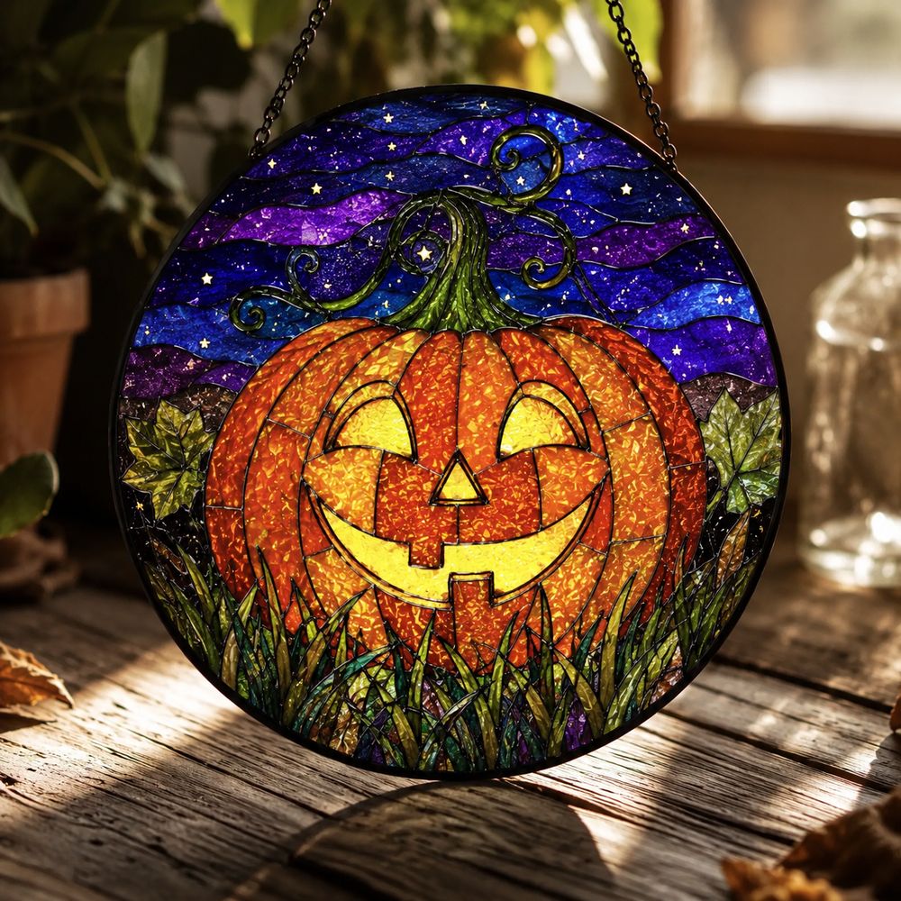 Stained Glass Pumpkin Suncatcher Halloween Decor Glass Art Window Hanging Gift For Halloween Lovers - Style 1