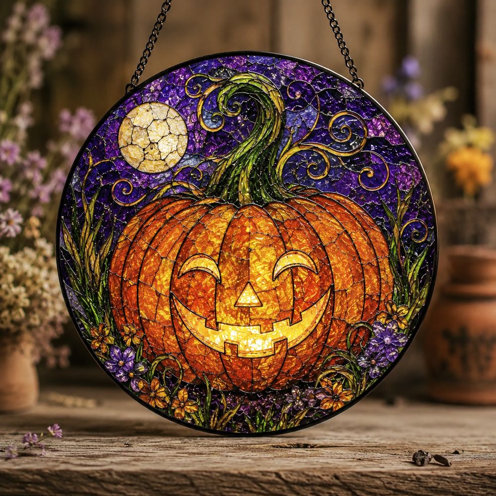 Stained Glass Pumpkin Suncatcher Halloween Decor Glass Art Window Hanging Gift For Halloween Lovers - Style 10
