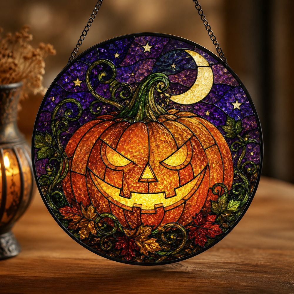 Stained Glass Pumpkin Suncatcher Halloween Decor Glass Art Window Hanging Gift For Halloween Lovers - Style 2