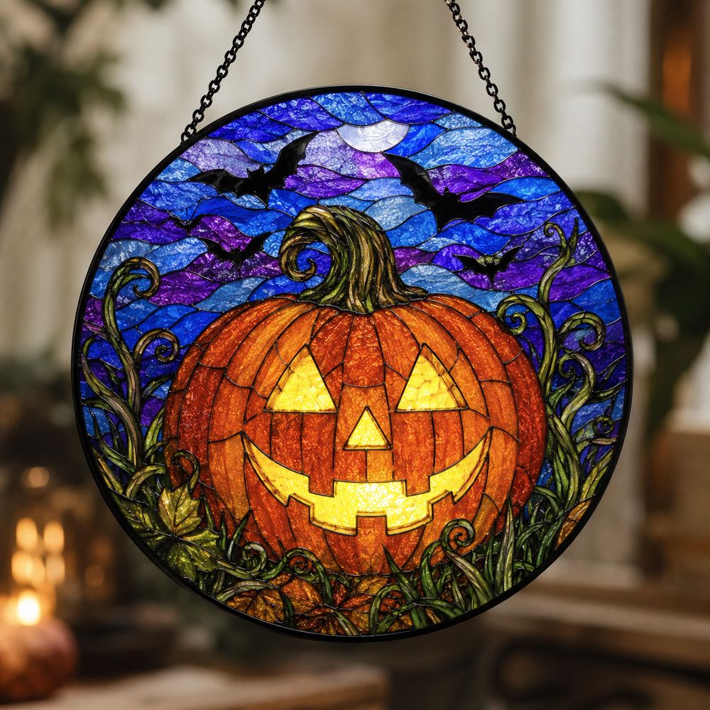 Stained Glass Pumpkin Suncatcher Halloween Decor Glass Art Window Hanging Gift For Halloween Lovers - Style 3