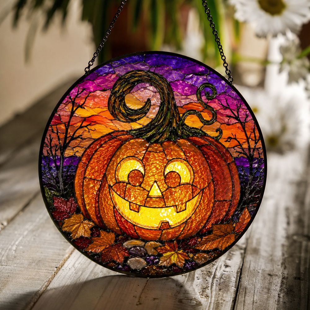 Stained Glass Pumpkin Suncatcher Halloween Decor Glass Art Window Hanging Gift For Halloween Lovers - Style 4