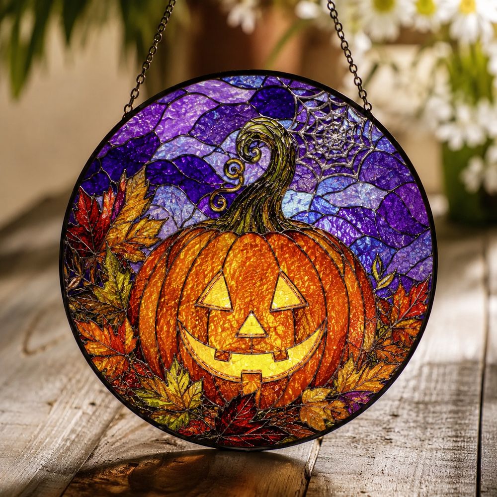 Stained Glass Pumpkin Suncatcher Halloween Decor Glass Art Window Hanging Gift For Halloween Lovers - Style 7