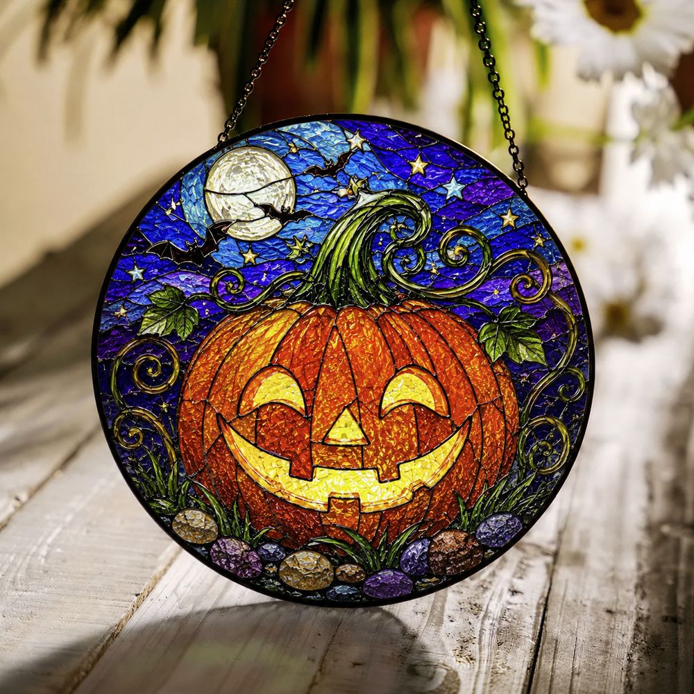 Stained Glass Pumpkin Suncatcher Halloween Decor Glass Art Window Hanging Gift For Halloween Lovers - Style 8