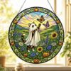 Summerween Ghost Cat Suncatcher, Halloween Tortoiseshell Stained Glass Window Hanging, Butterfly Pumpkin Decor, Spooky Summer Gift - Style 1