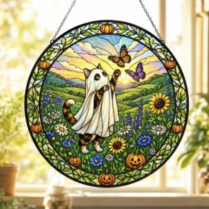 Summerween Ghost Cat Suncatcher, Halloween Tortoiseshell Stained Glass Window Hanging, Butterfly Pumpkin Decor, Spooky Summer Gift - Style 1