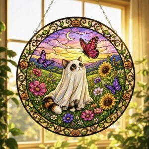 Summerween Ghost Cat Suncatcher, Halloween Tortoiseshell Stained Glass Window Hanging, Butterfly Pumpkin Decor, Spooky Summer Gift - Style 2