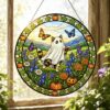 Summerween Ghost Cat Suncatcher, Halloween Tortoiseshell Stained Glass Window Hanging, Butterfly Pumpkin Decor, Spooky Summer Gift - Style 3