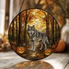 Suncatcher Stained Glass Wolf Forest With Pumpkins Halloween Gift For Animal Lovers - Style 1