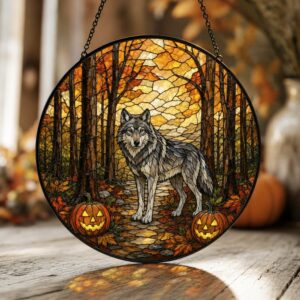 Suncatcher Stained Glass Wolf Forest With Pumpkins Halloween Gift For Animal Lovers - Style 1