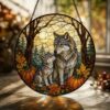 Suncatcher Stained Glass Wolf Forest With Pumpkins Halloween Gift For Animal Lovers - Style 10