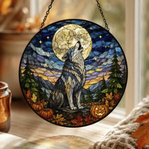 Suncatcher Stained Glass Wolf Forest With Pumpkins Halloween Gift For Animal Lovers - Style 2