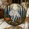 Suncatcher Stained Glass Wolf Forest With Pumpkins Halloween Gift For Animal Lovers - Style 3
