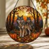 Suncatcher Stained Glass Wolf Forest With Pumpkins Halloween Gift For Animal Lovers - Style 4