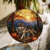 Suncatcher Stained Glass Wolf Forest With Pumpkins Halloween Gift For Animal Lovers - Style 5