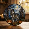 Suncatcher Stained Glass Wolf Forest With Pumpkins Halloween Gift For Animal Lovers - Style 6