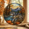 Suncatcher Stained Glass Wolf Forest With Pumpkins Halloween Gift For Animal Lovers - Style 7