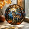 Suncatcher Stained Glass Wolf Forest With Pumpkins Halloween Gift For Animal Lovers - Style 9