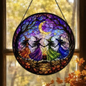 Witch Dancing Stained Glass Suncatcher Halloween Window Decor - Style 1