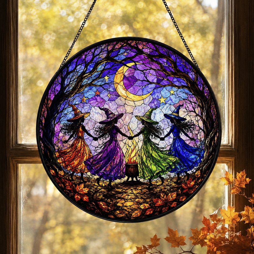Witch Dancing Stained Glass Suncatcher Halloween Window Decor - Style 1