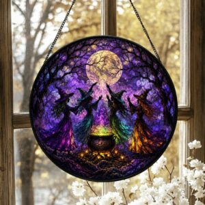 Witch Dancing Stained Glass Suncatcher Halloween Window Decor - Style 2
