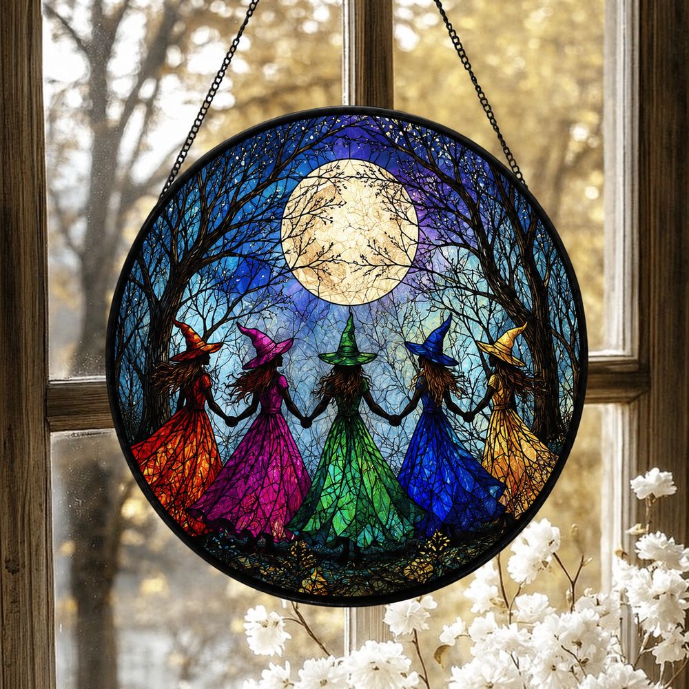 Witch Dancing Stained Glass Suncatcher Halloween Window Decor - Style 3