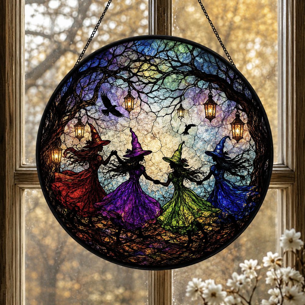 Witch Dancing Stained Glass Suncatcher Halloween Window Decor - Style 5