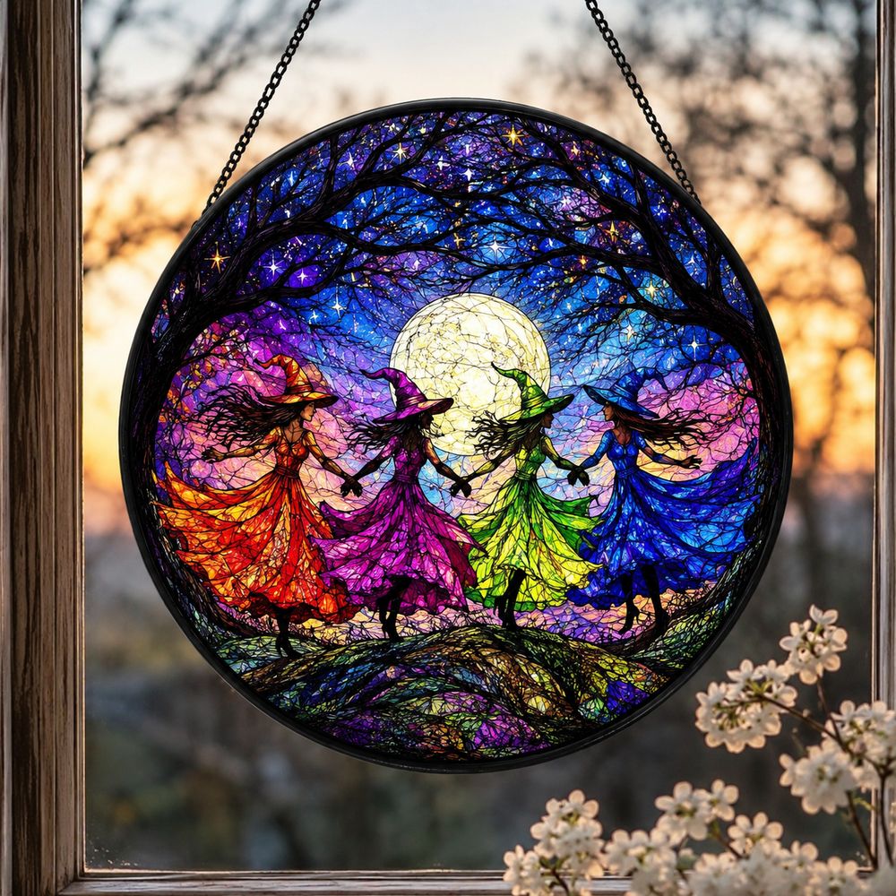 Witch Dancing Stained Glass Suncatcher Halloween Window Decor - Style 6